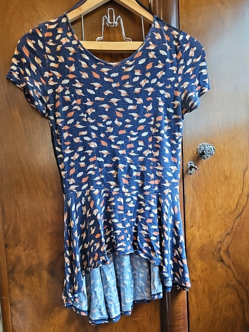 Women's Navy Blue Hi-Low Peplum Top with Orange Print - Size M
